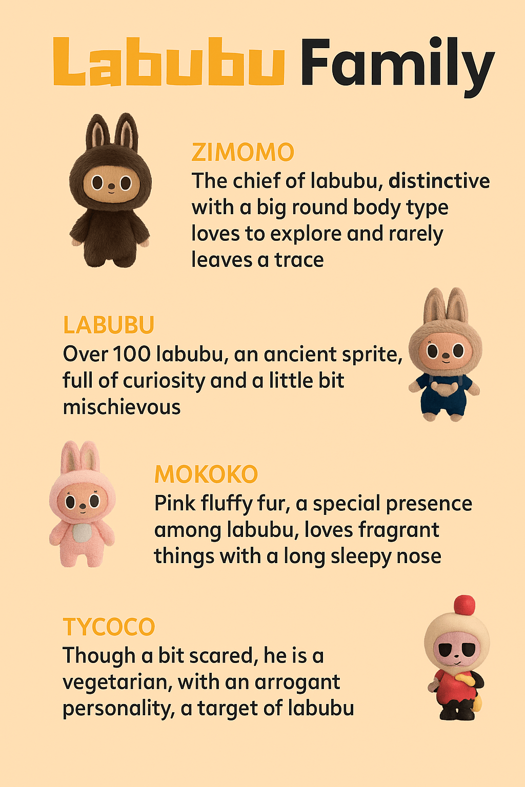 Labubu character introduction infographic with Zimomo, Labubu, Mokoko, and Tycoco featuring cute personalities and toy visuals on beige background